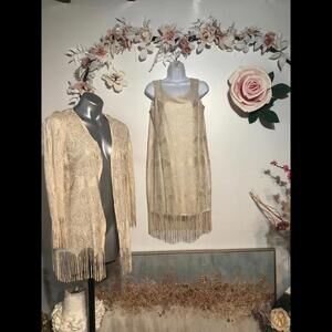 Vintage Fringe Dress Set Gold Creme